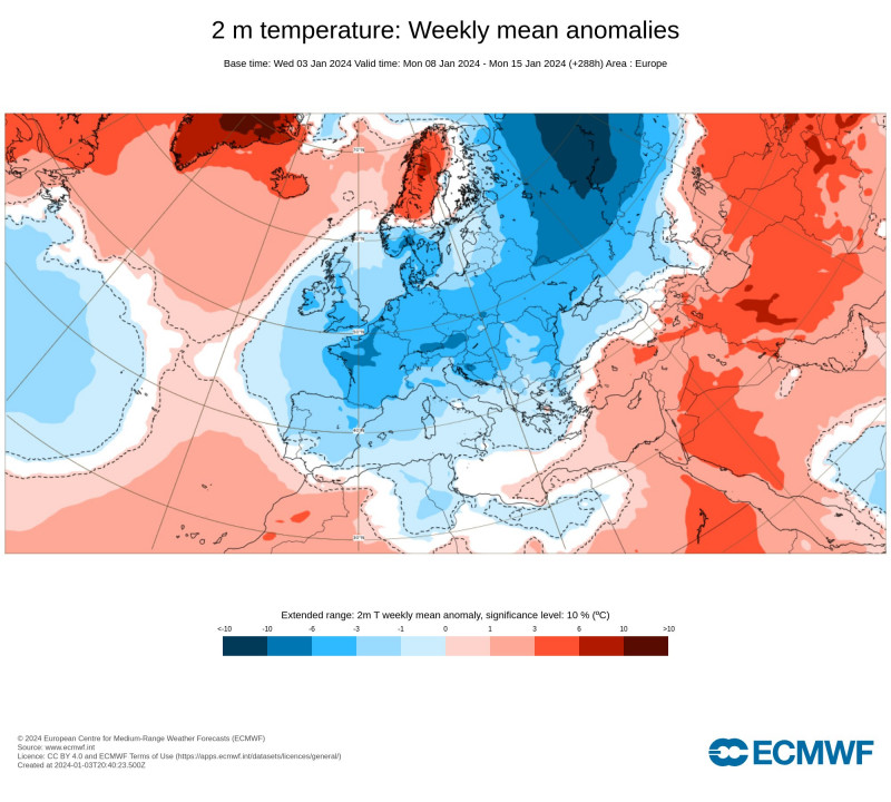 Anomalie de températures prévue du 8 au 15 janvier 2024